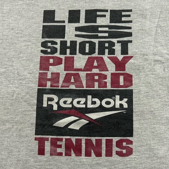 Vintage 90s Reebok Single Stitch Life Is Short Play Hard Tennis Tee Unis… - Picture 7 of 13